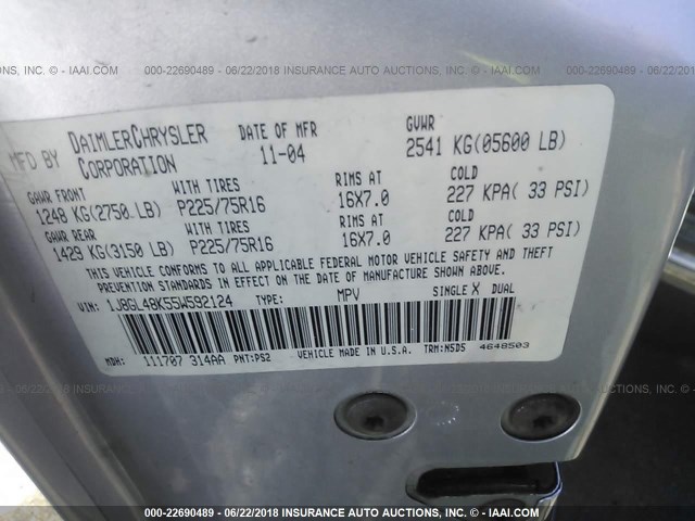 1J8GL48K55W592124 - 2005 JEEP LIBERTY SPORT SILVER photo 9