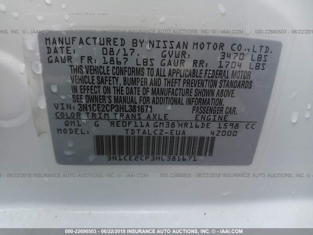 3N1CE2CP3HL381671 - 2017 NISSAN VERSA NOTE S/S PLUS/SV/SL/SR WHITE photo 9