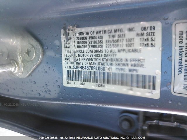 5J6RE48709L060741 - 2009 HONDA CR-V EXL BLUE photo 9