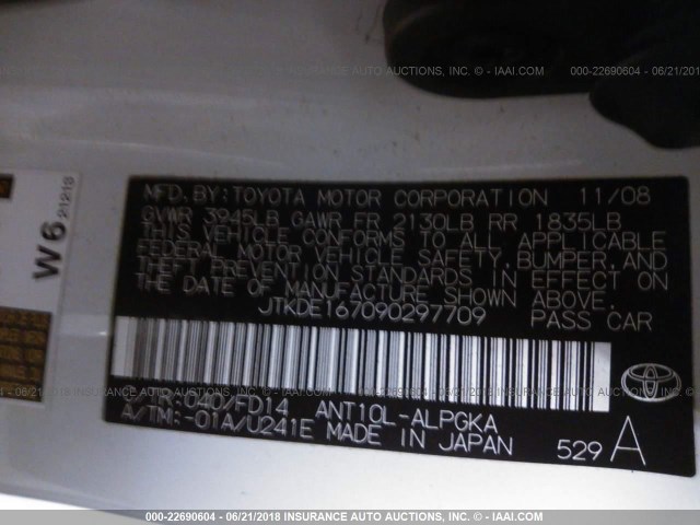 JTKDE167090297709 - 2009 TOYOTA SCION TC 白色 照片 9