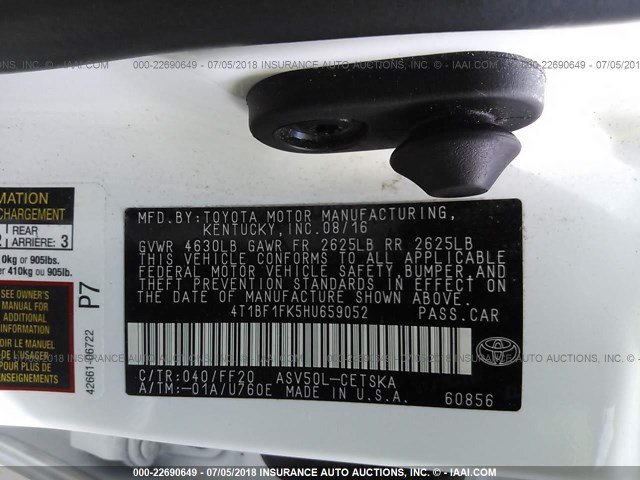 4T1BF1FK5HU659052 - 2017 TOYOTA CAMRY LE/XLE/SE/XSE WHITE photo 9