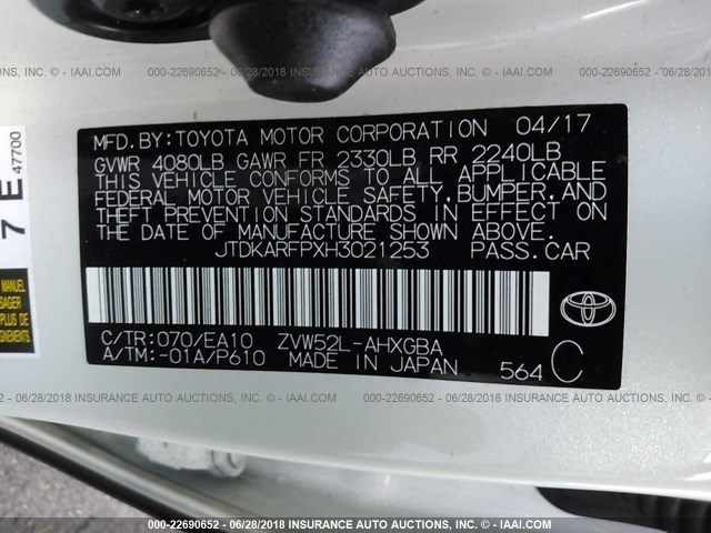 JTDKARFPXH3021253 - 2017 TOYOTA PRIUS PRIME  WHITE photo 9