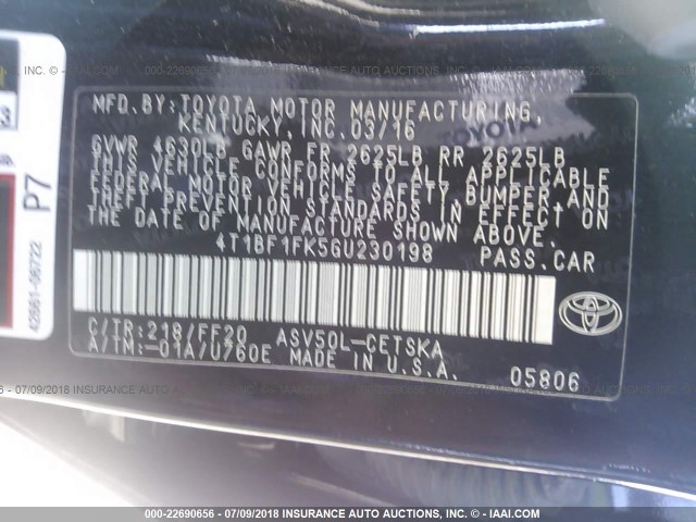 4T1BF1FK5GU230198 - 2016 TOYOTA CAMRY LE/XLE/SE/XSE BLACK photo 9