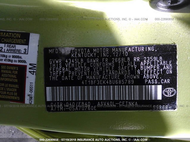 4T1BF3EK4BU685789 - 2011 TOYOTA CAMRY SE/LE/XLE GREEN photo 9