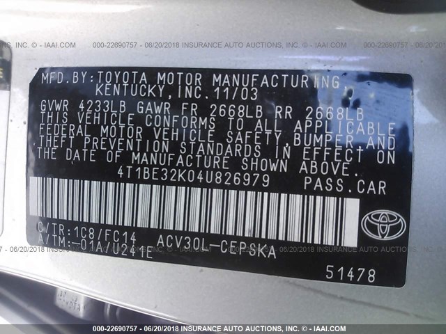 4T1BE32K04U826979 - 2004 TOYOTA CAMRY LE/XLE/SE ვერცხლისფერი ფოტო 9