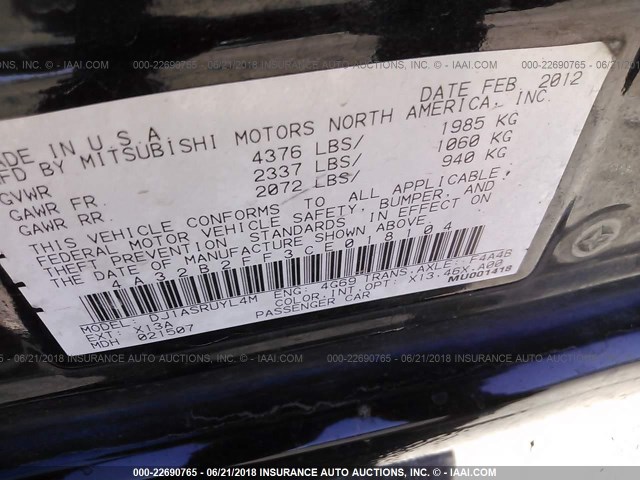 4A32B2FF3CE018104 - 2012 MITSUBISHI GALANT FE BLACK photo 9