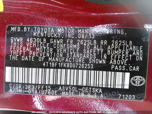 4T1BF1FK8DU726253 - 2013 TOYOTA CAMRY L/SE/LE/XLE 红色 照片 9