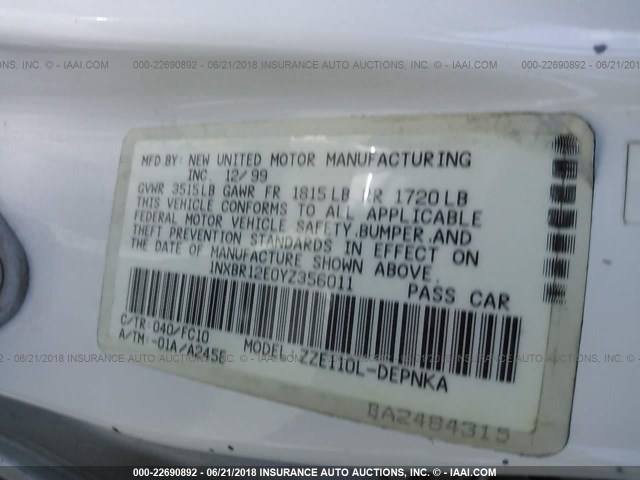 1NXBR12E0YZ356011 - 2000 TOYOTA COROLLA VE/CE/LE 白色 照片 9