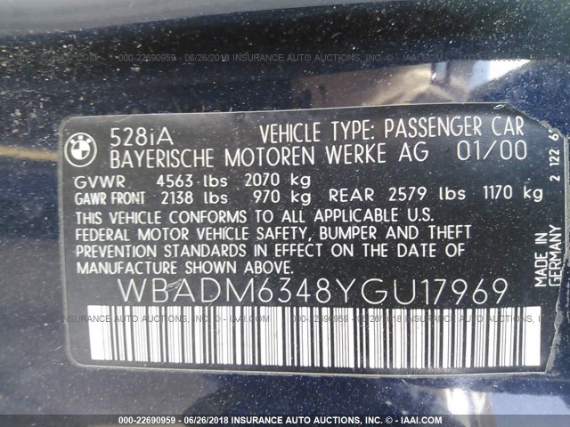 WBADM6348YGU17969 - 2000 BMW 528 I AUTOMATIC BLUE photo 9