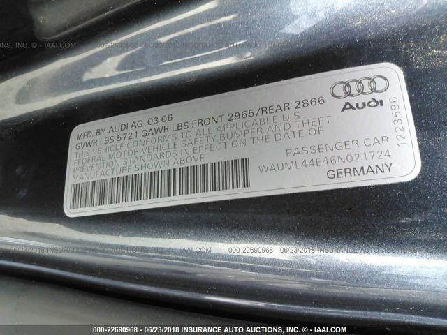 WAUML44E46N021724 - 2006 AUDI A8 L QUATTRO GRAY photo 9