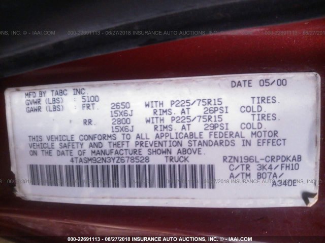 4TASM92N3YZ678528 - 2000 TOYOTA TACOMA XTRACAB PRERUNNER მუქწითელი ფოტო 9