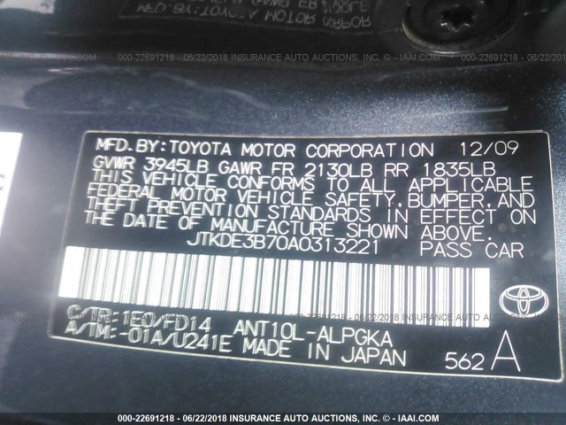 JTKDE3B70A0313221 - 2010 TOYOTA SCION TC GRAY photo 9