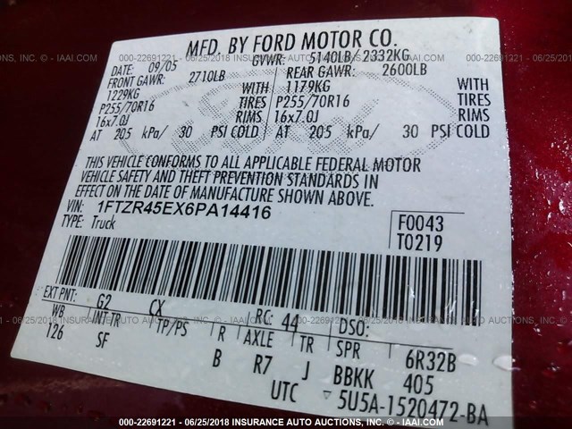 1FTZR45EX6PA14416 - 2006 FORD RANGER SUPER CAB MAROON photo 9