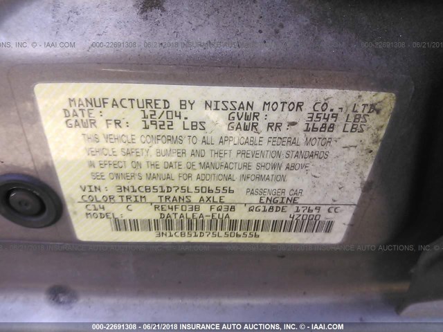 3N1CB51D75L506556 - 2005 NISSAN SENTRA 1.8/1.8S TAN photo 9