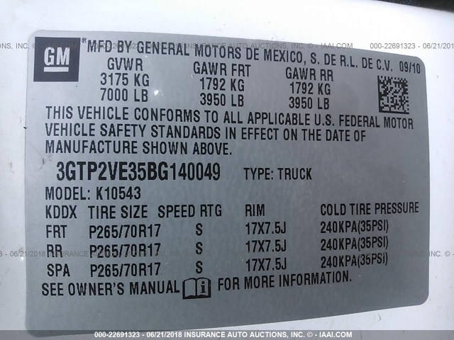 3GTP2VE35BG140049 - 2011 GMC SIERRA K1500 SLE WHITE photo 9