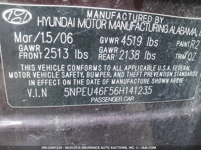 5NPEU46F56H141235 - 2006 HYUNDAI SONATA GLS/LX BURGUNDY photo 9