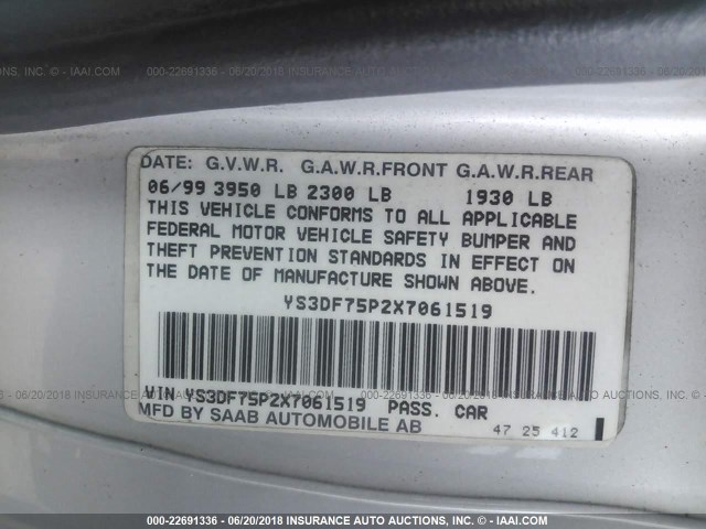 YS3DF75P2X7061519 - 1999 SAAB 9-3 SE SILVER photo 9