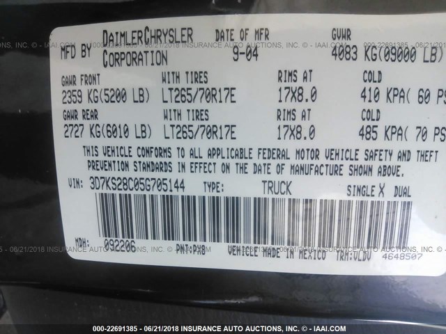 3D7KS28C05G705144 - 2005 DODGE RAM 2500 ST/SLT 黑色 照片 9