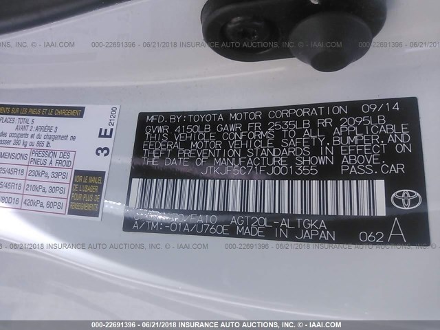 JTKJF5C71FJ001355 - 2015 TOYOTA SCION TC 白色 照片 9