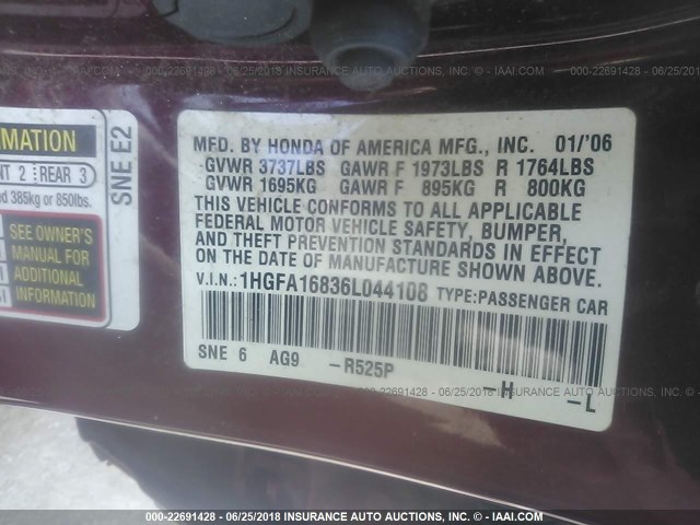 1HGFA16836L044108 - 2006 HONDA CIVIC EX MAROON photo 9