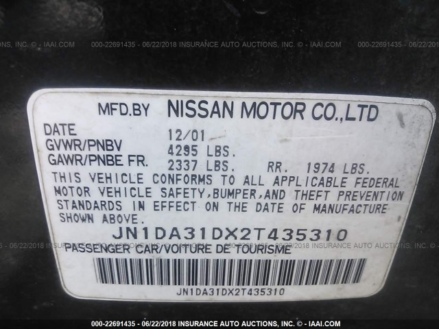 JN1DA31DX2T435310 - 2002 NISSAN MAXIMA GLE/GXE/SE BLUE photo 9