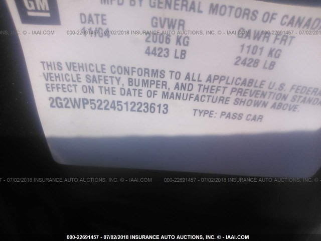 2G2WP522451223613 - 2005 PONTIAC GRAND PRIX GRAY photo 9