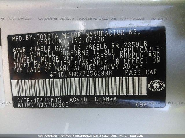 4T1BE46K77U565998 - 2007 TOYOTA CAMRY NEW GENERAT CE/LE/XLE/SE SILVER photo 9