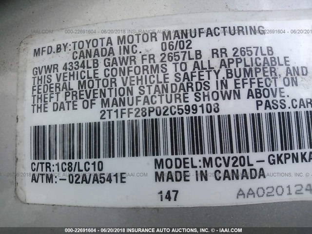 2T1FF28P02C599108 - 2002 TOYOTA CAMRY SOLARA SE/SLE ვერცხლისფერი ფოტო 9