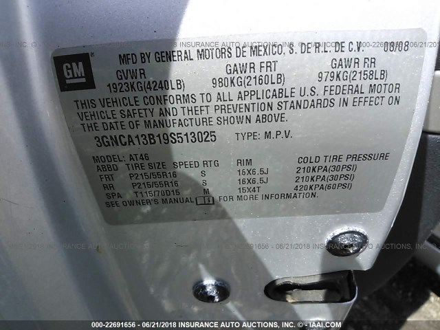 3GNCA13B19S513025 - 2009 CHEVROLET HHR LS GRAY photo 9