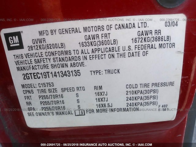 2GTEC19T141343135 - 2004 GMC NEW SIERRA C1500 RED photo 9