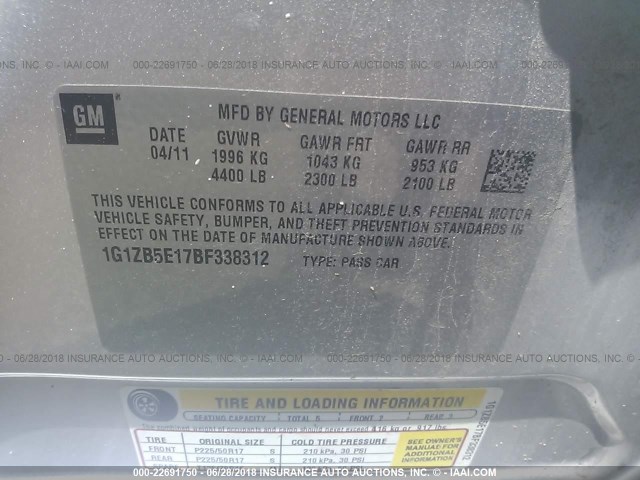 1G1ZB5E17BF338312 - 2011 CHEVROLET MALIBU LS Gümüş foto 9