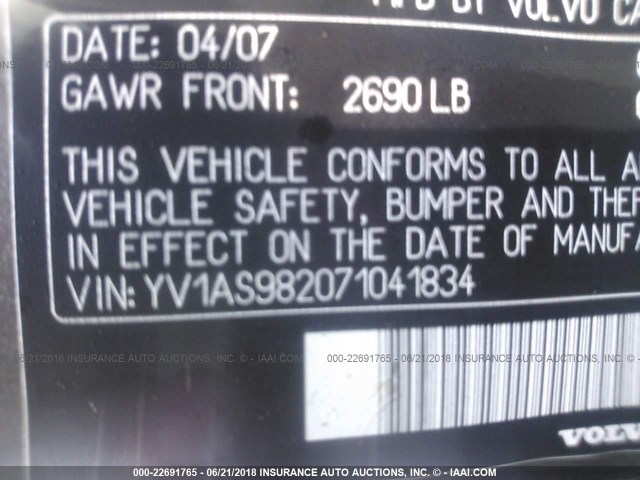 YV1AS982071041834 - 2007 VOLVO S80 3.2 GRAY photo 9