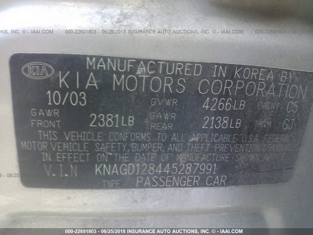 KNAGD128445287991 - 2004 KIA OPTIMA LX/EX SILVER photo 9