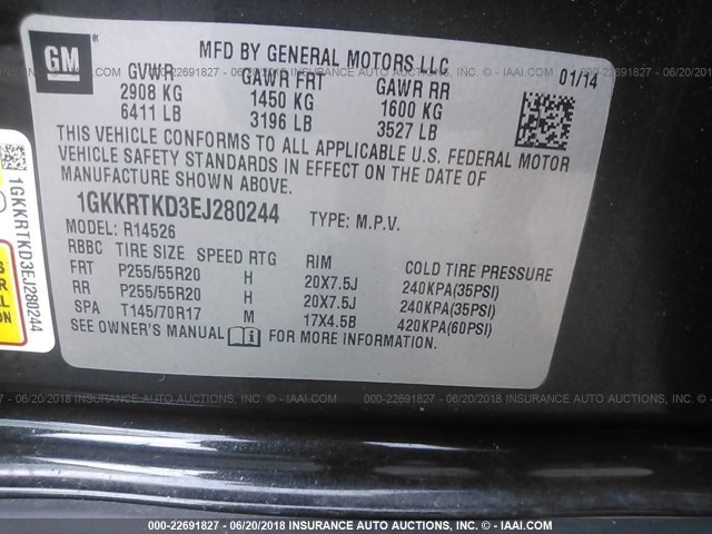 1GKKRTKD3EJ280244 - 2014 GMC ACADIA DENALI BLACK photo 9