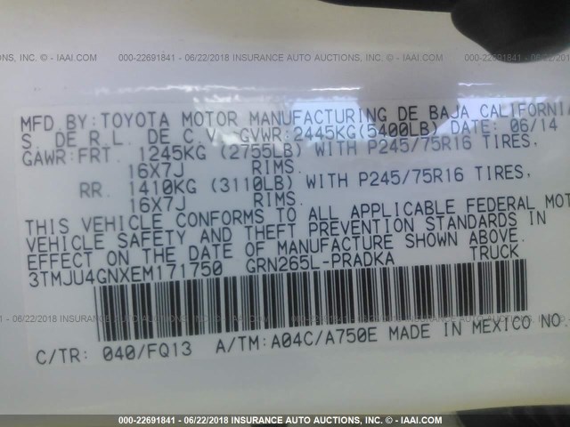 3TMJU4GNXEM171750 - 2014 TOYOTA TACOMA DOUBLE CAB PRERUNNER WHITE photo 9