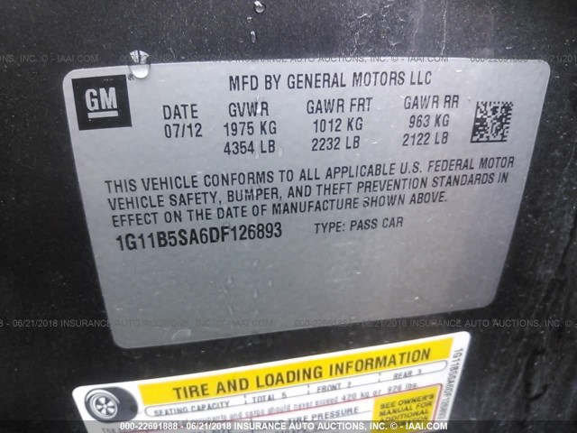 1G11B5SA6DF126893 - 2013 CHEVROLET MALIBU LS Boz foto 9