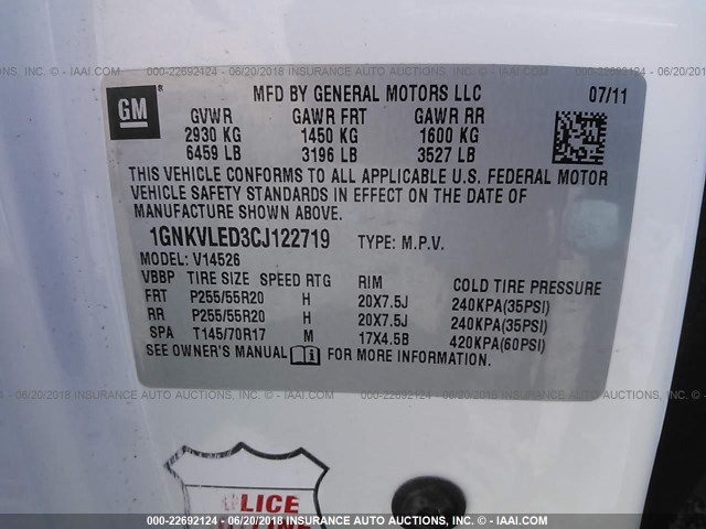 1GNKVLED3CJ122719 - 2012 CHEVROLET TRAVERSE LTZ WHITE photo 9