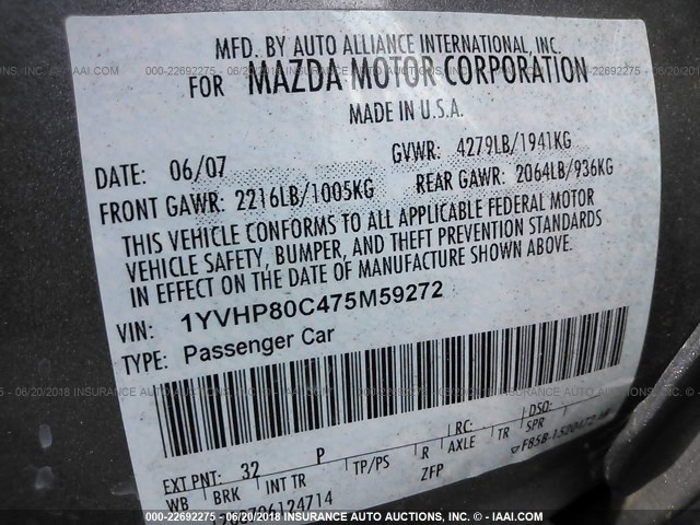 1YVHP80C475M59272 - 2007 MAZDA 6 I Boz foto 9