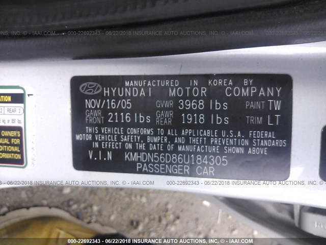 KMHDN56D86U184305 - 2006 HYUNDAI ELANTRA GLS/GT/LIMITED GRAY photo 9