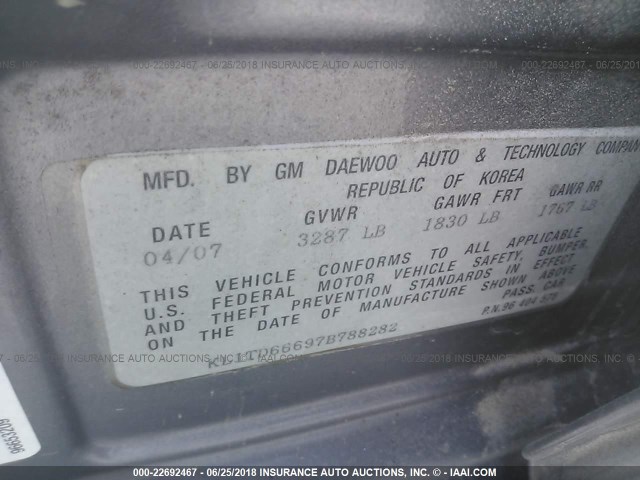 KL1TD66697B788282 - 2007 CHEVROLET AVEO LS GRAY photo 9