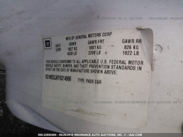 1G1NE52J6Y6214986 - 2000 CHEVROLET MALIBU LS WHITE photo 9