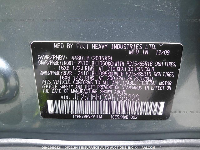 JF2SH6BCXAH769220 - 2010 SUBARU FORESTER XS Açıq mavi foto 9