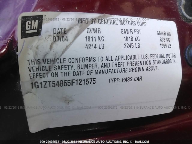 1G1ZT54865F121575 - 2005 CHEVROLET MALIBU LS 栗色 照片 9