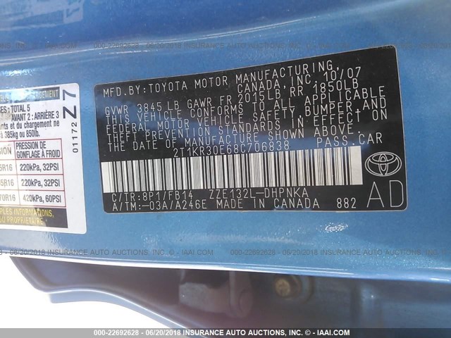 2T1KR30E68C706838 - 2008 TOYOTA COROLLA MATRIX XR BLUE photo 9