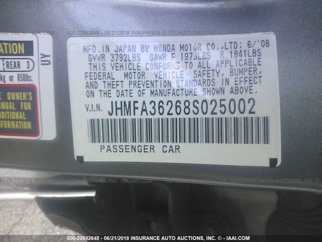 JHMFA36268S025002 - 2008 HONDA CIVIC HYBRID GRAY photo 9