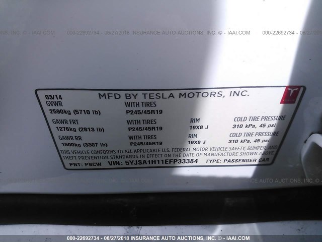 5YJSA1H11EFP33384 - 2014 TESLA MODEL S Սպիտակ լուսանկար 9