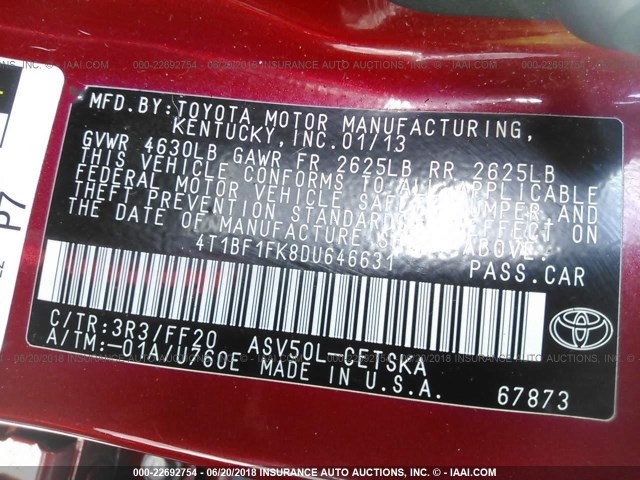 4T1BF1FK8DU646631 - 2013 TOYOTA CAMRY L/SE/LE/XLE 红色 照片 9