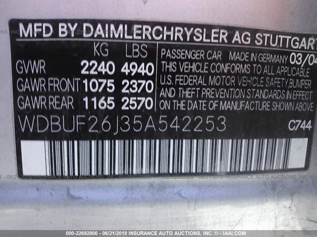 WDBUF26J35A542253 - 2005 MERCEDES-BENZ E 320 CDI SILVER photo 9