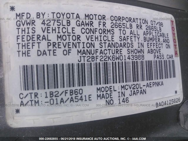 JT2BF22K6W0143988 - 1998 TOYOTA CAMRY CE/LE/XLE SILVER photo 9