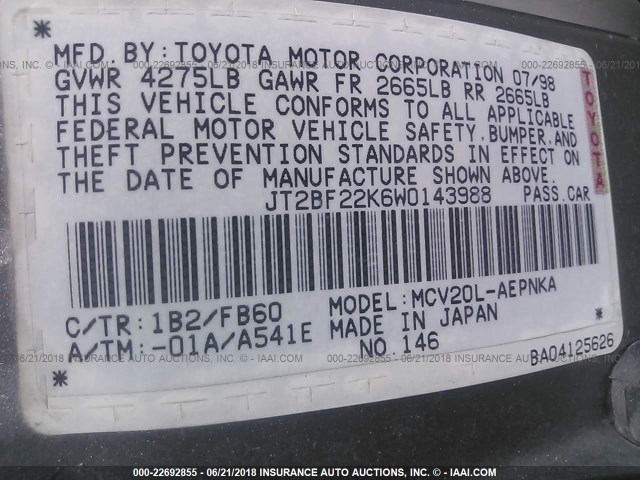 JT2BF22K6W0143988 - 1998 TOYOTA CAMRY CE/LE/XLE 银色 照片 9